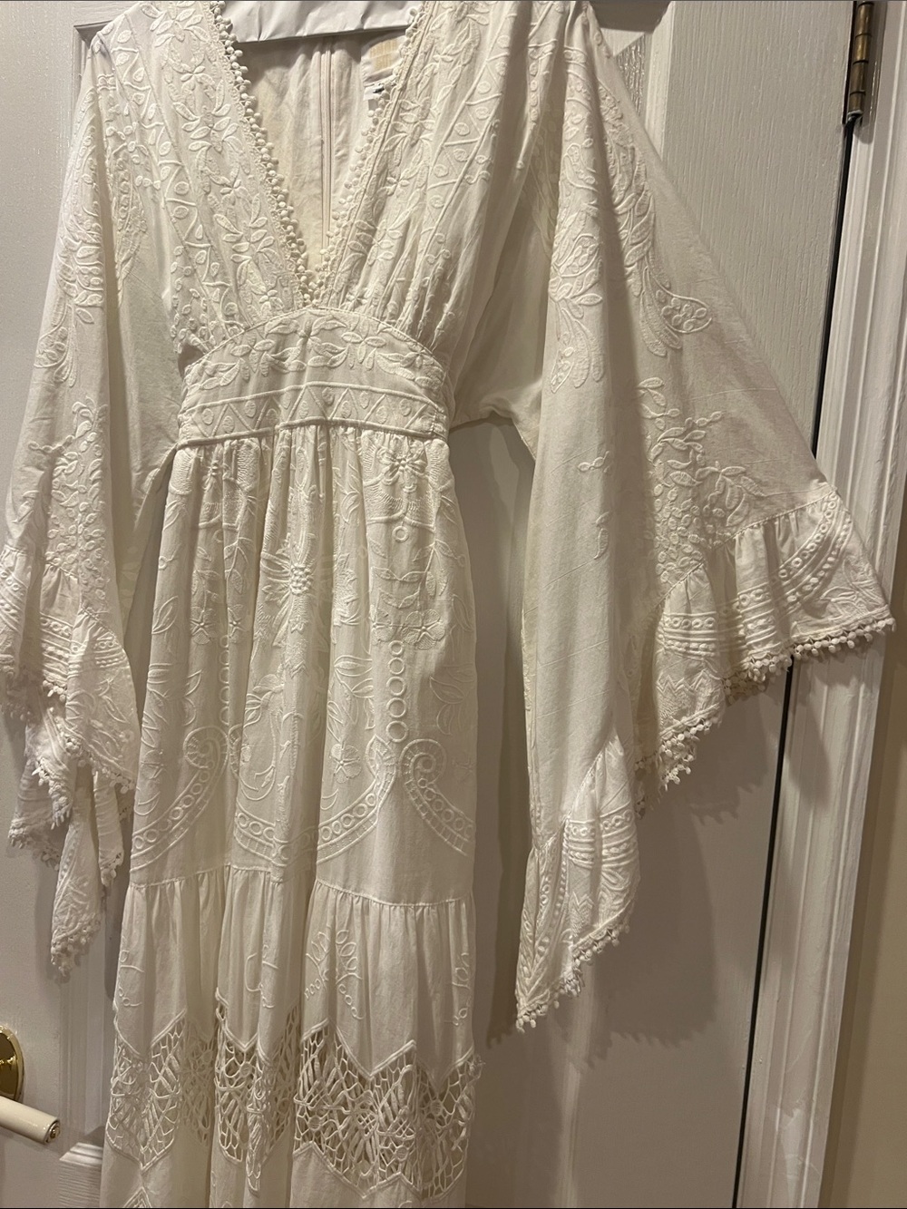Anna Sui White Embroidered Bohemian Maxi Dress